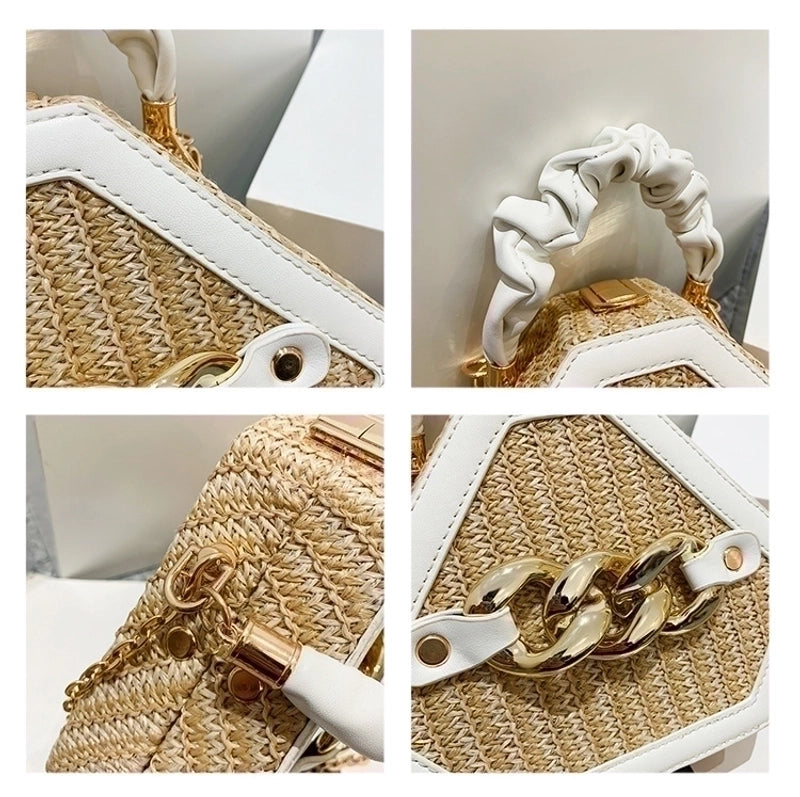 Women's Small Straw Geometric Classic Style Lock Clasp Straw Bag