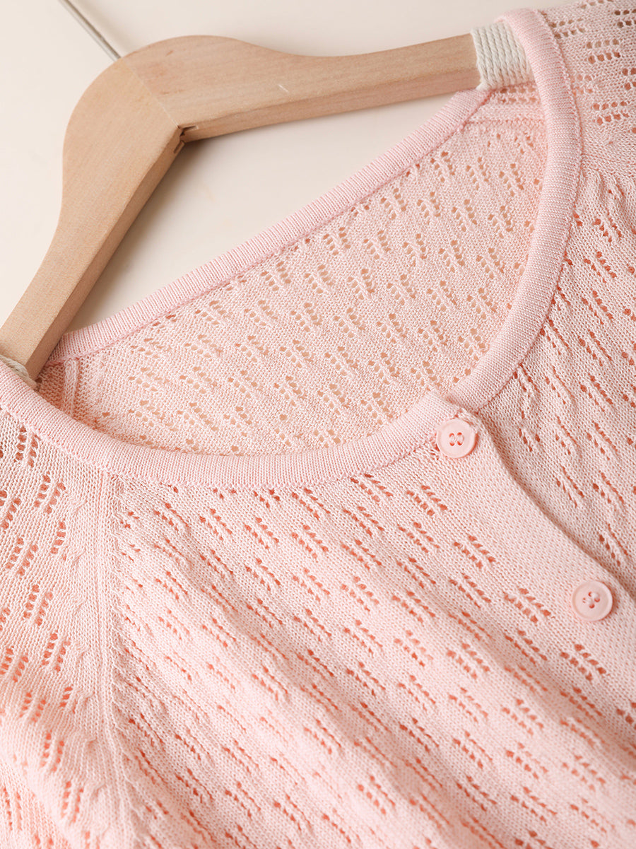 Women Summer Casual Button-up Knitted O-Neck Shirt