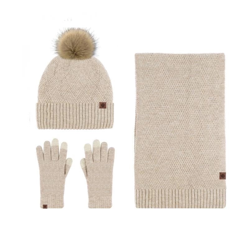 Wool Knitted Warm Gloves Hat Scarf Three-piece Suit Winter Windproof Fur Ball Fleece-lined Knitted Hat Three-piece Suit