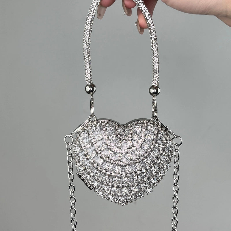 Silver Tassel Love Portable Silver Big Diamond Love Portable Silver Small Diamond Love Portable Plastic Metal Heart Shape Tassel Heart-shaped Evening Bags