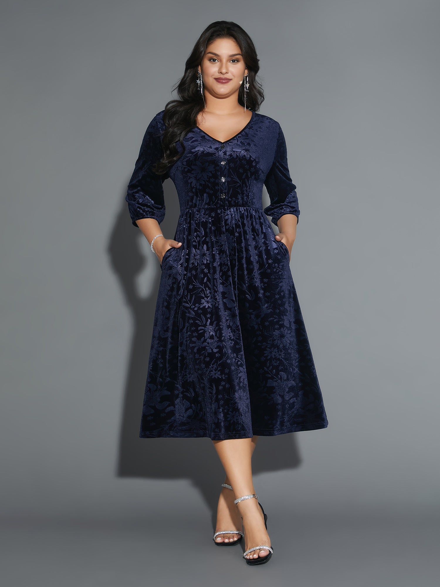 Velvet Button Detail V-Shaped Neck Dress