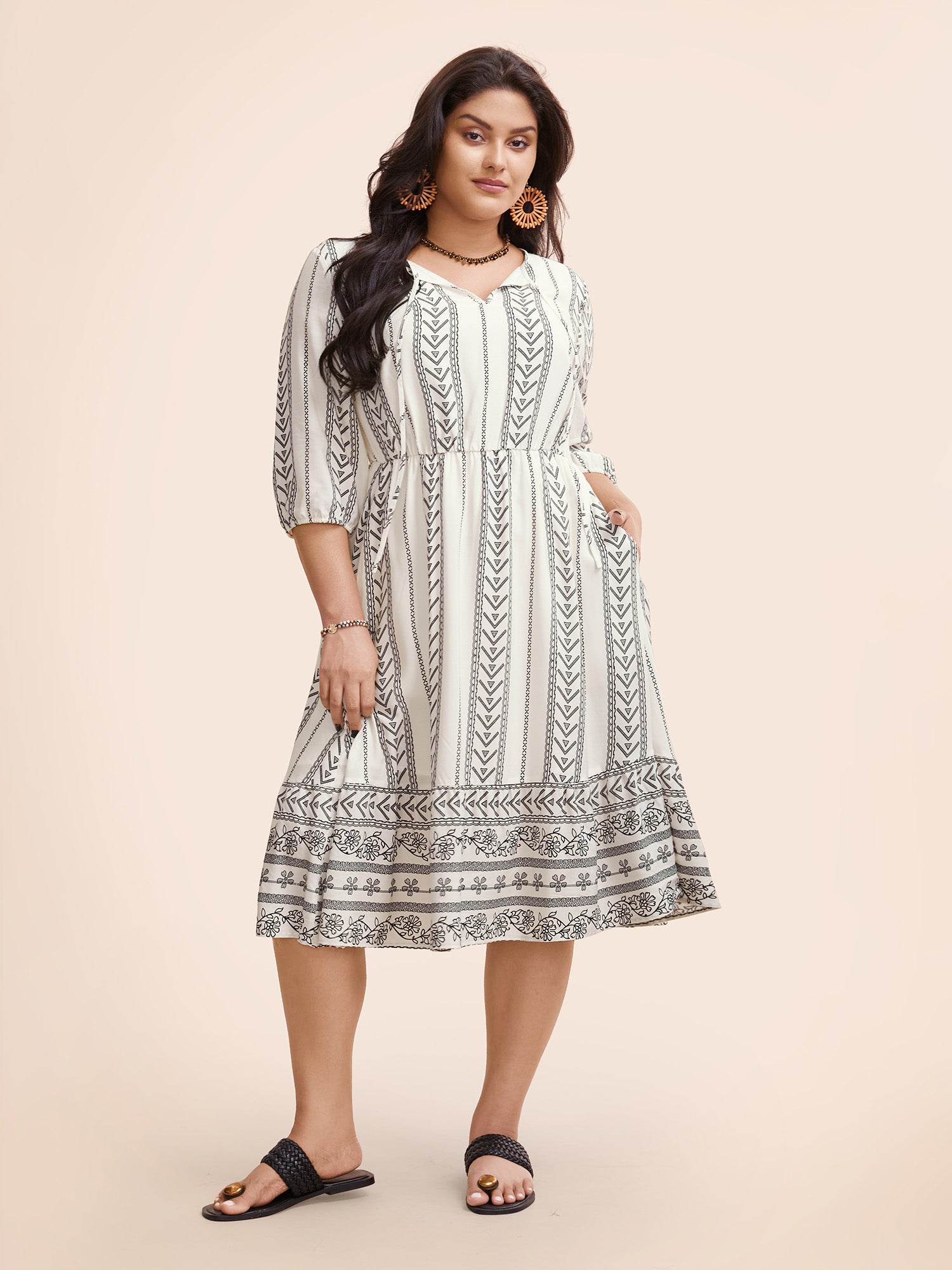 Boho Print Tie Knot Lantern Sleeve Dress