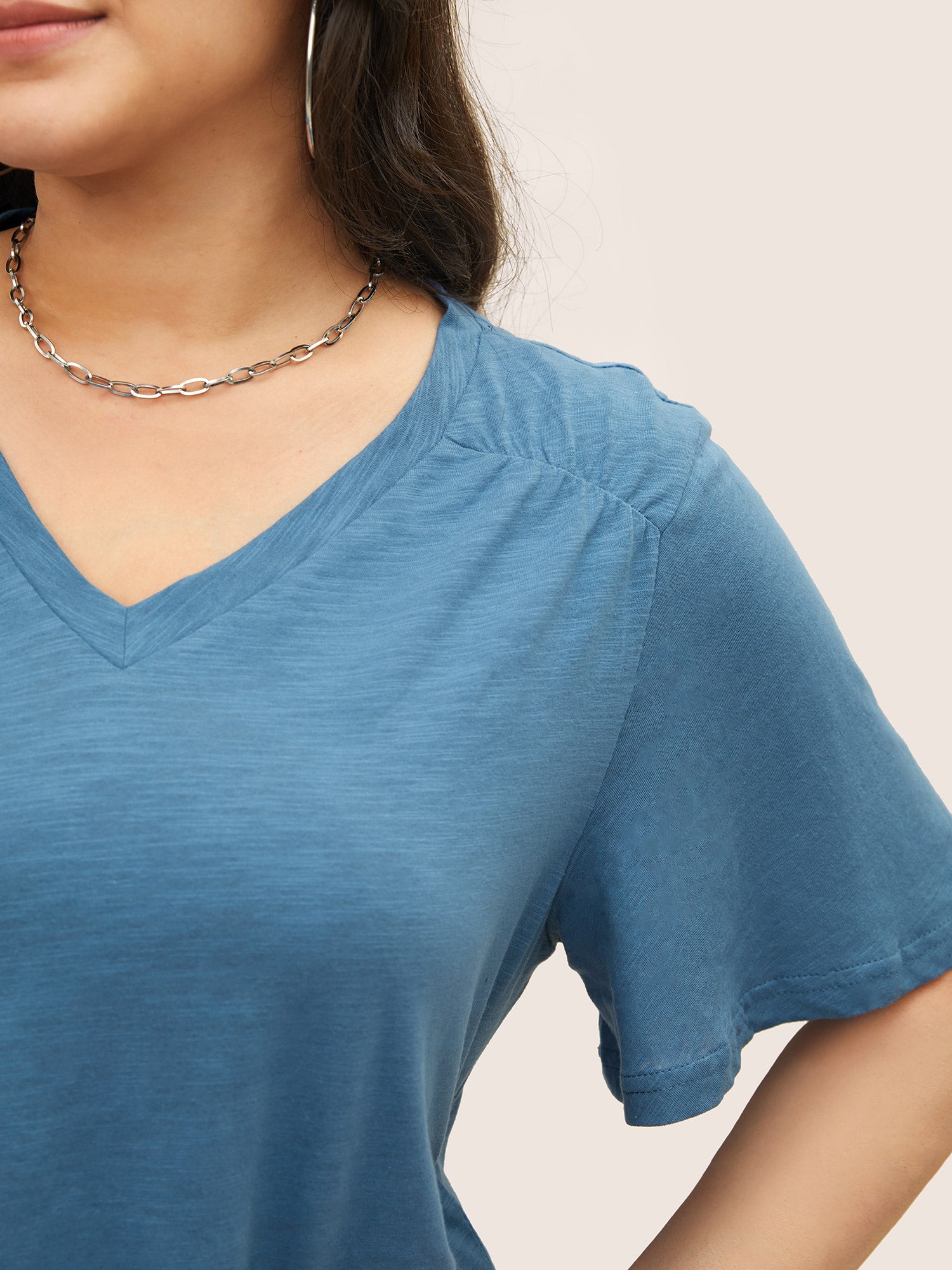 Plain Ruffle Sleeve Heather V Neck T-shirt
