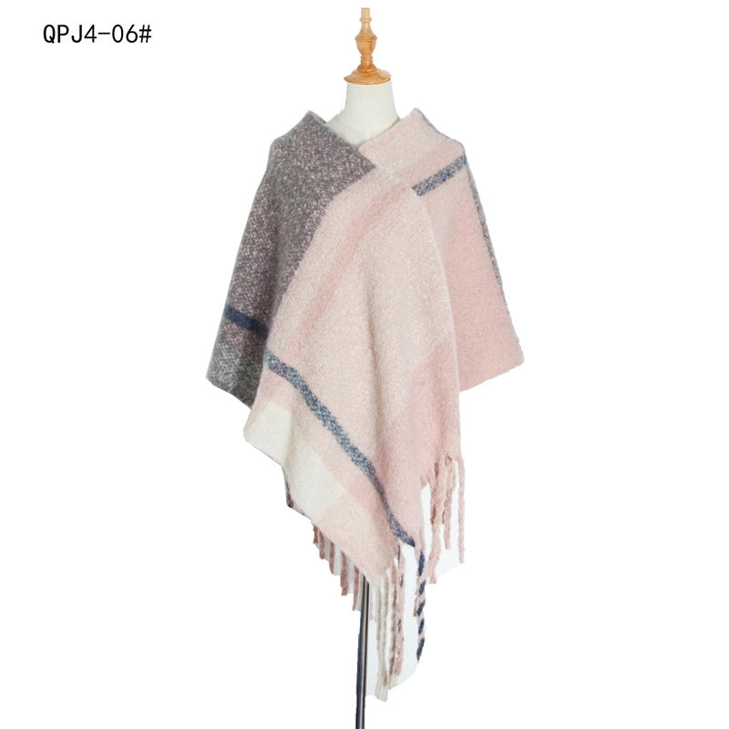 Hot Style New Autumn And Winter Women's Shawl Thick Tassel Loop Yarn Large Plaid Cloak