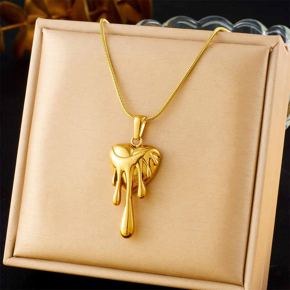 Fashion Retro Gold-Plated Irregular Lava Love Geometric Pendant Snake Bone Chain Stainless Steel Necklace