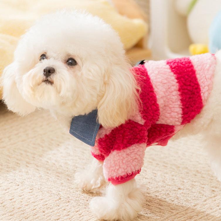 Fleece Striped Denim Collar Dog Cat Harness Sweater