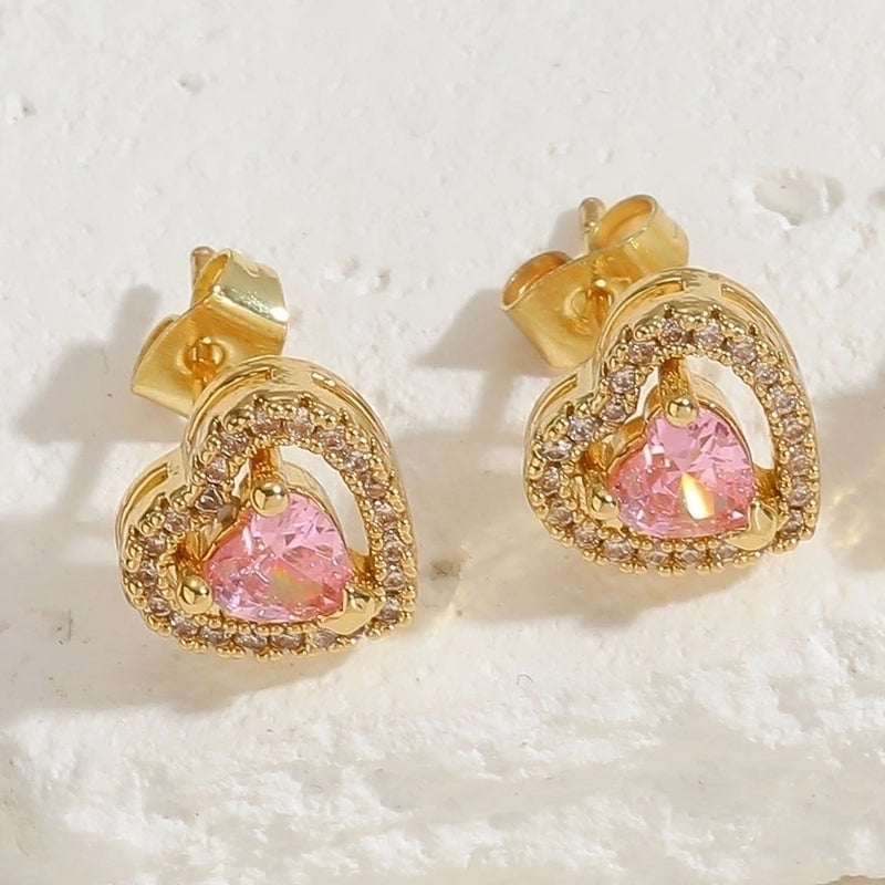 1 Pair Minimalist Shiny Heart Shape Plating Inlay Copper Zircon 14k Gold Plated Ear Studs