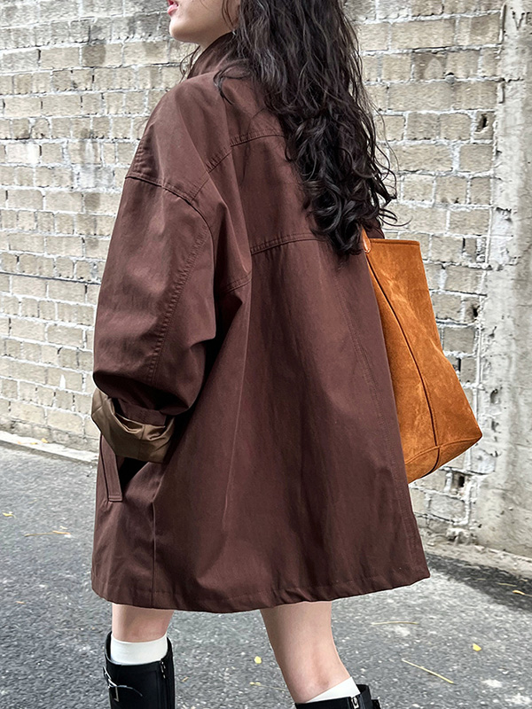 Long Sleeves Loose Pockets Solid Color Stand Collar Outerwear Trench Coats