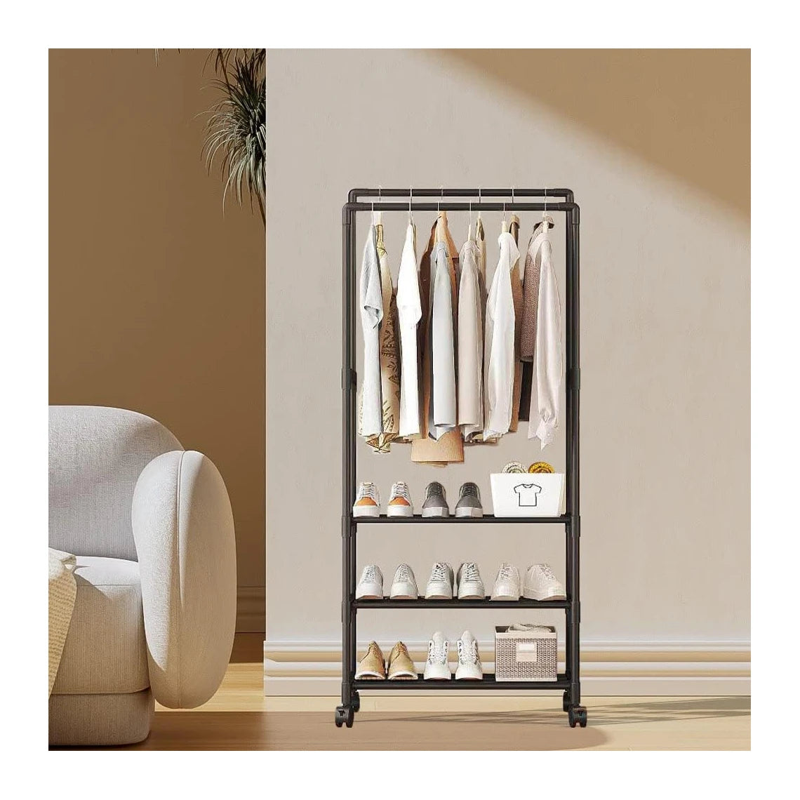 Multifunctional Metal Clothes Rack with Lower Storage Shelves