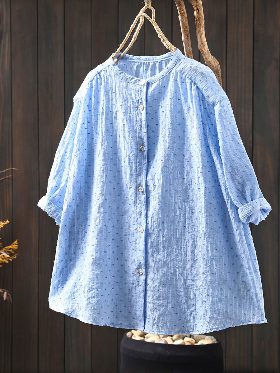 Women Summer Dot Jacquard Stand Collar 100%Cotton Shirt