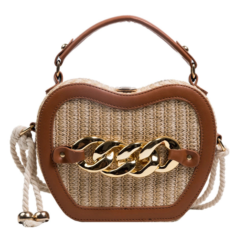 Women's Small Straw Color Block Streetwear Chain Lock Clasp Crossbody Bag