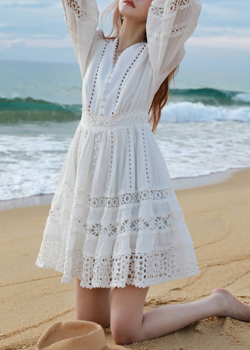 Art White V Neck Hollow Out Cotton Mid Dress Bracelet Sleeve