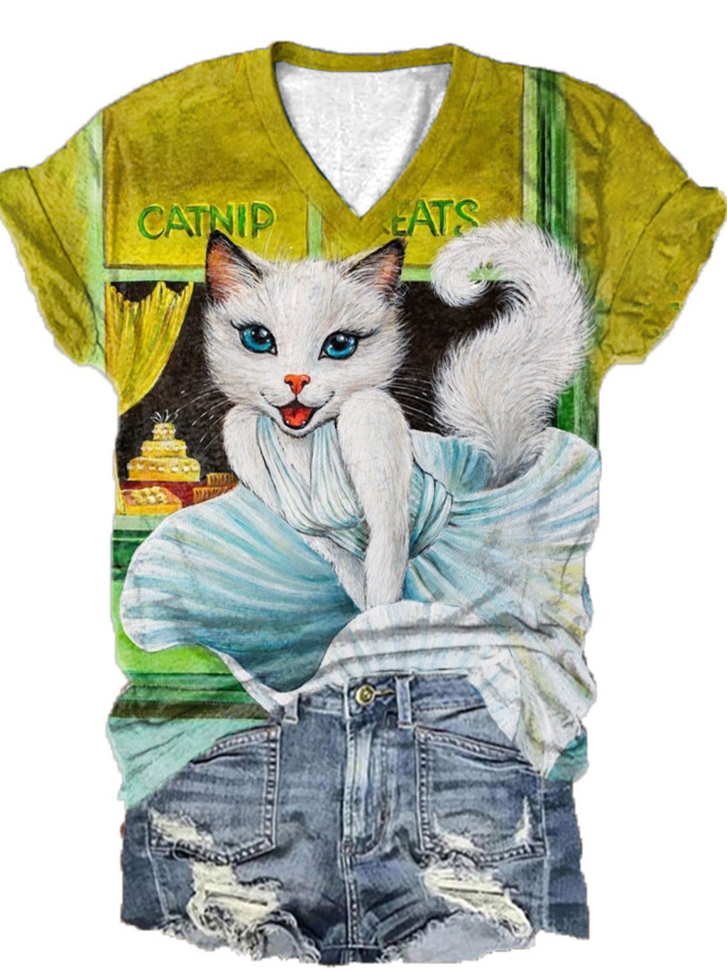 Women's Funny Cat Art Print V-Neck T-Shirt