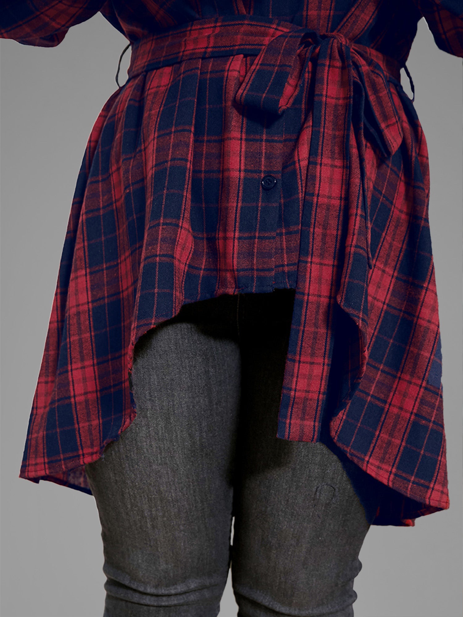 Plaid Button Up Asymmetrical Hem Belted Blouse
