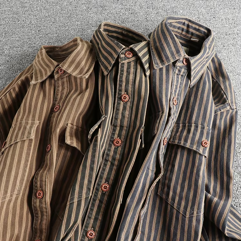 Vintage Blend Striped Lapel Long Sleeve Shirt
