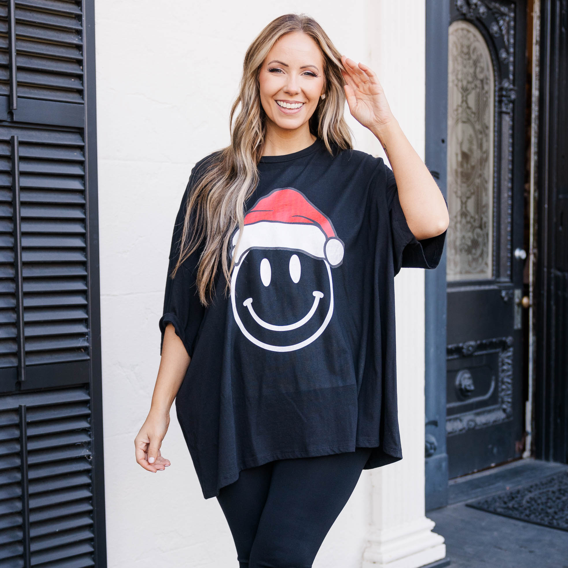 Remember To Smile Santa Boyfriend Tee. Black