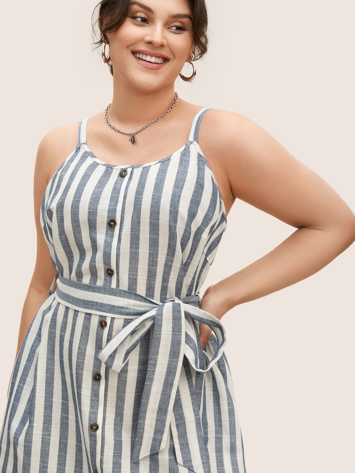 Striped Button Detail Belted Cami Dress