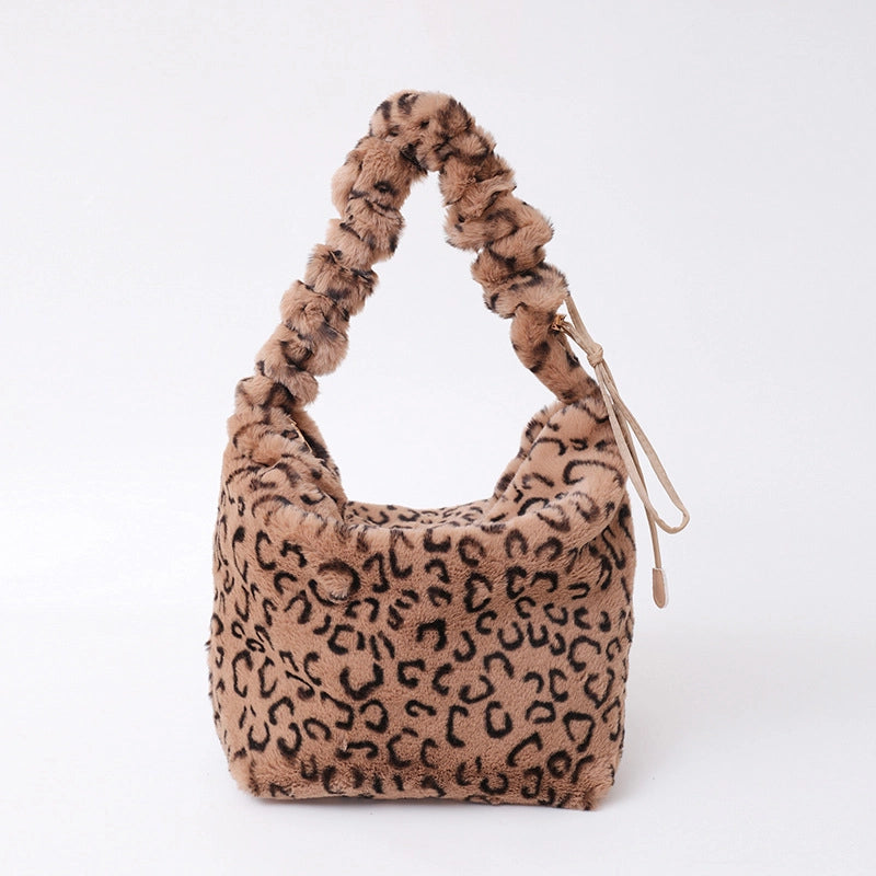 Women's Plush Leopard Vintage Style Classic Style Bucket Zipper Bucket Bag
