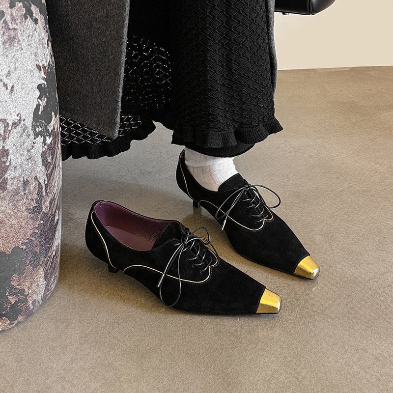 Women's Gold Pointed-Toe Lace-Up Suede Kitten Heel Dress Shoes in Brown/Black