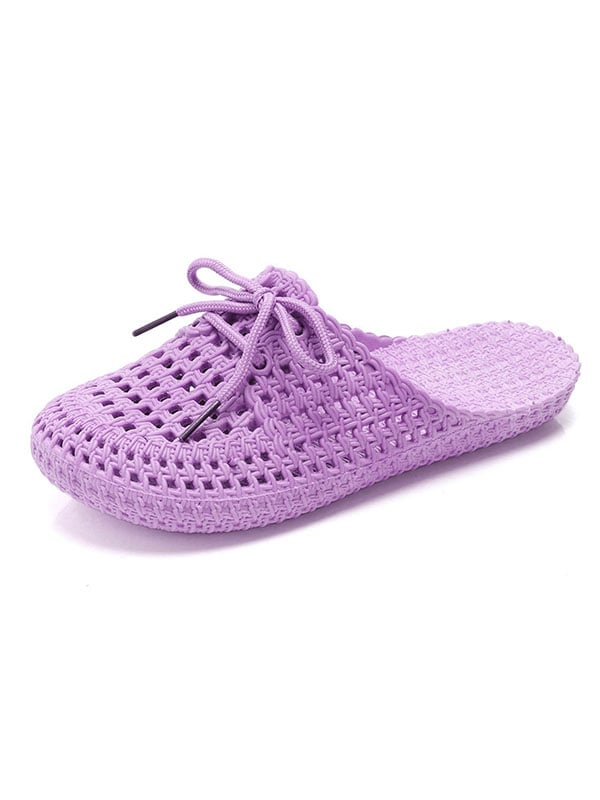 Hollow Lace-Up Round-Toe Mules&Slides Slippers