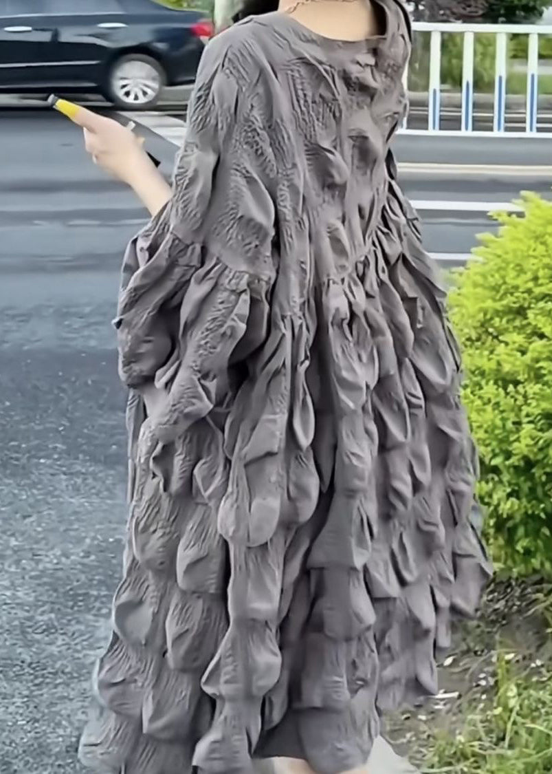 Loose Grey V Neck Original Design Cotton Dress Flare Sleeve Spring