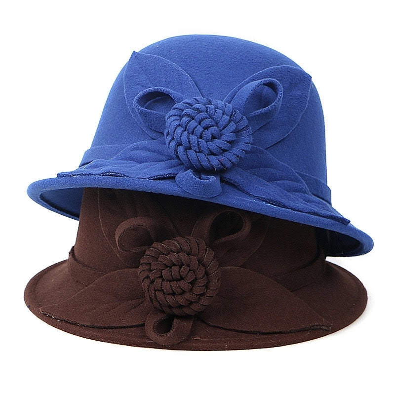Autumn And Winter Woolen Top Hat Women's Dome Top Hat Solid Color Woolen Hat  Fashion Flower Lady Temperament Basin Hat