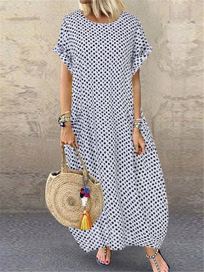 Ladies Dot Print Short Sleeve Loose Dress