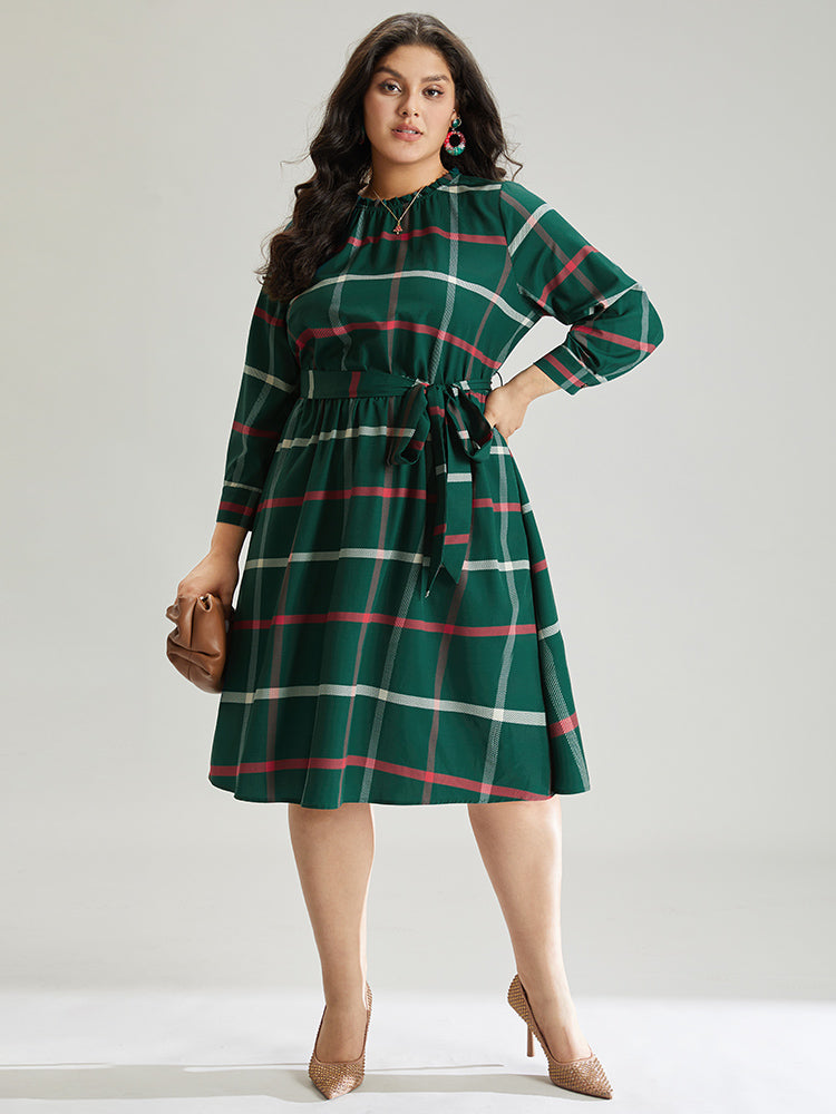 Plaid Stand Collar Gathered Belted Dress