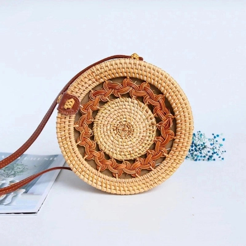 Women's Medium Straw Solid Color Vacation Beach Weave Hook Loop Straw Bag