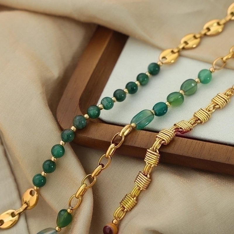 IG Style Punk Color Block Agate Titanium Steel 18K Gold Plated Beaded Patchwork Plating Necklace