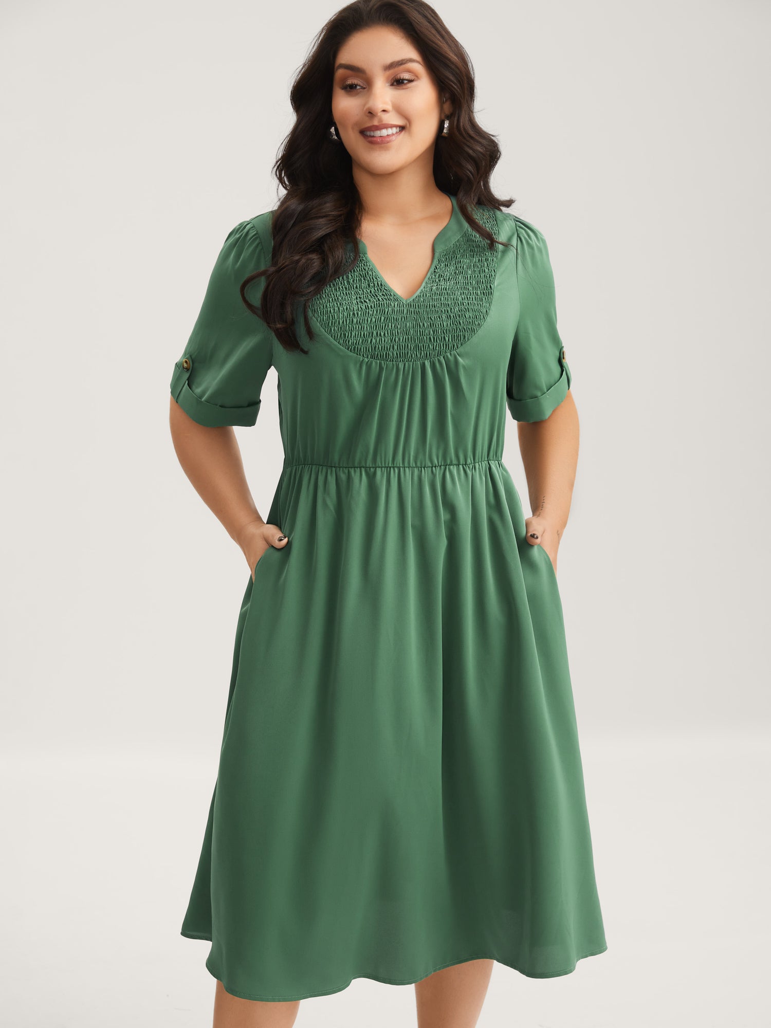Shirred Neck Stretchy Waist Pockets Midi Dress