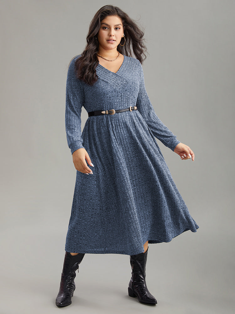 Rib Knit Plain Plisse Long Sleeve Dress