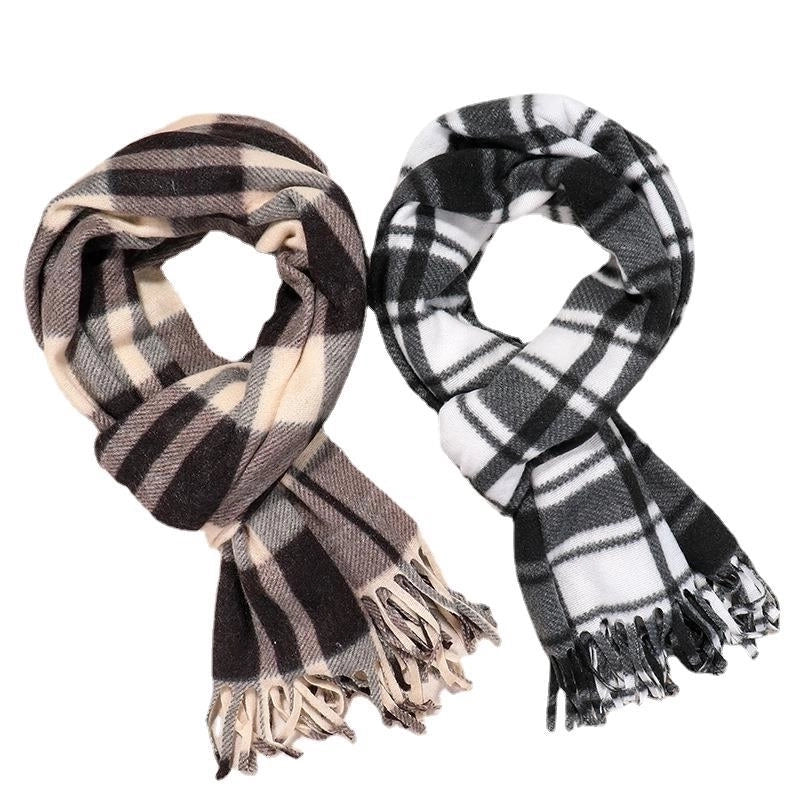 Women's Fashion Plaid Double-sided Velvet Tassel Winter Scarves