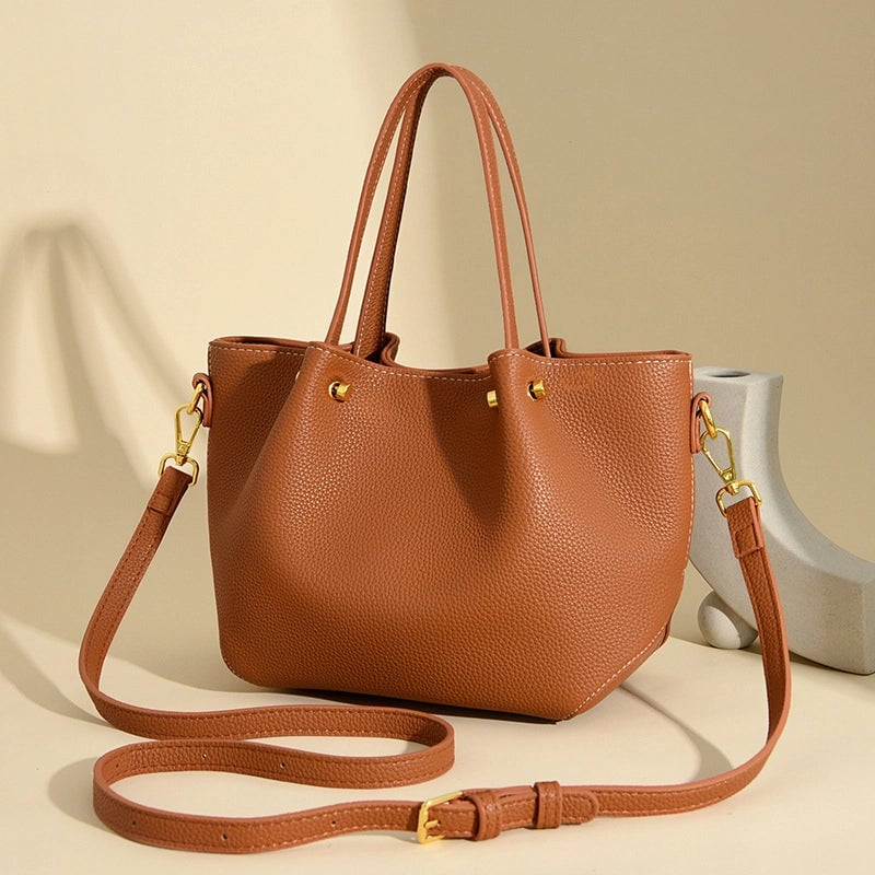 Women's Pu Leather Solid Color Basic Sewing Thread Bucket Zipper Shoulder Bag Handbag Crossbody Bag