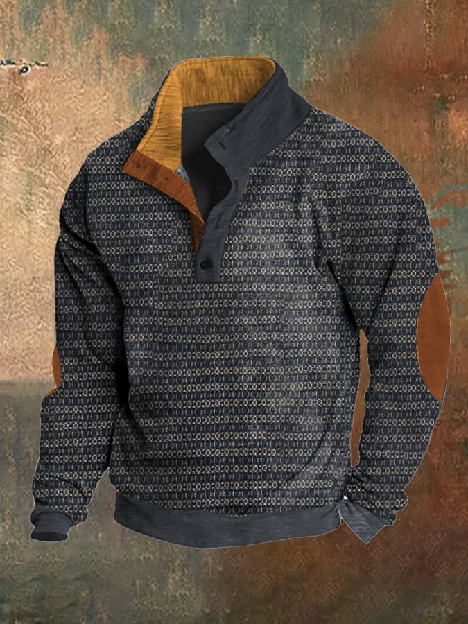 Men's Retro Textured Print Casual Colorblock Stand Collar Sweatshirt
