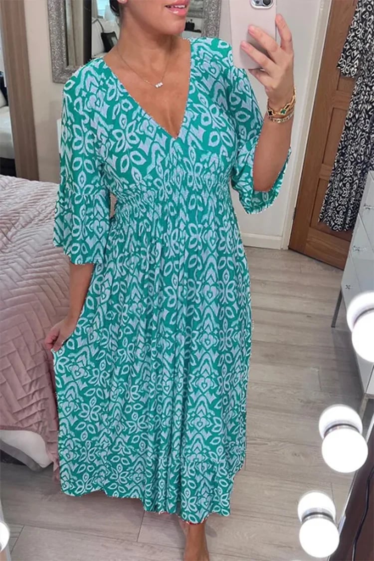 💃Bohemian casual print V-neck waist wrap long dress-🔥