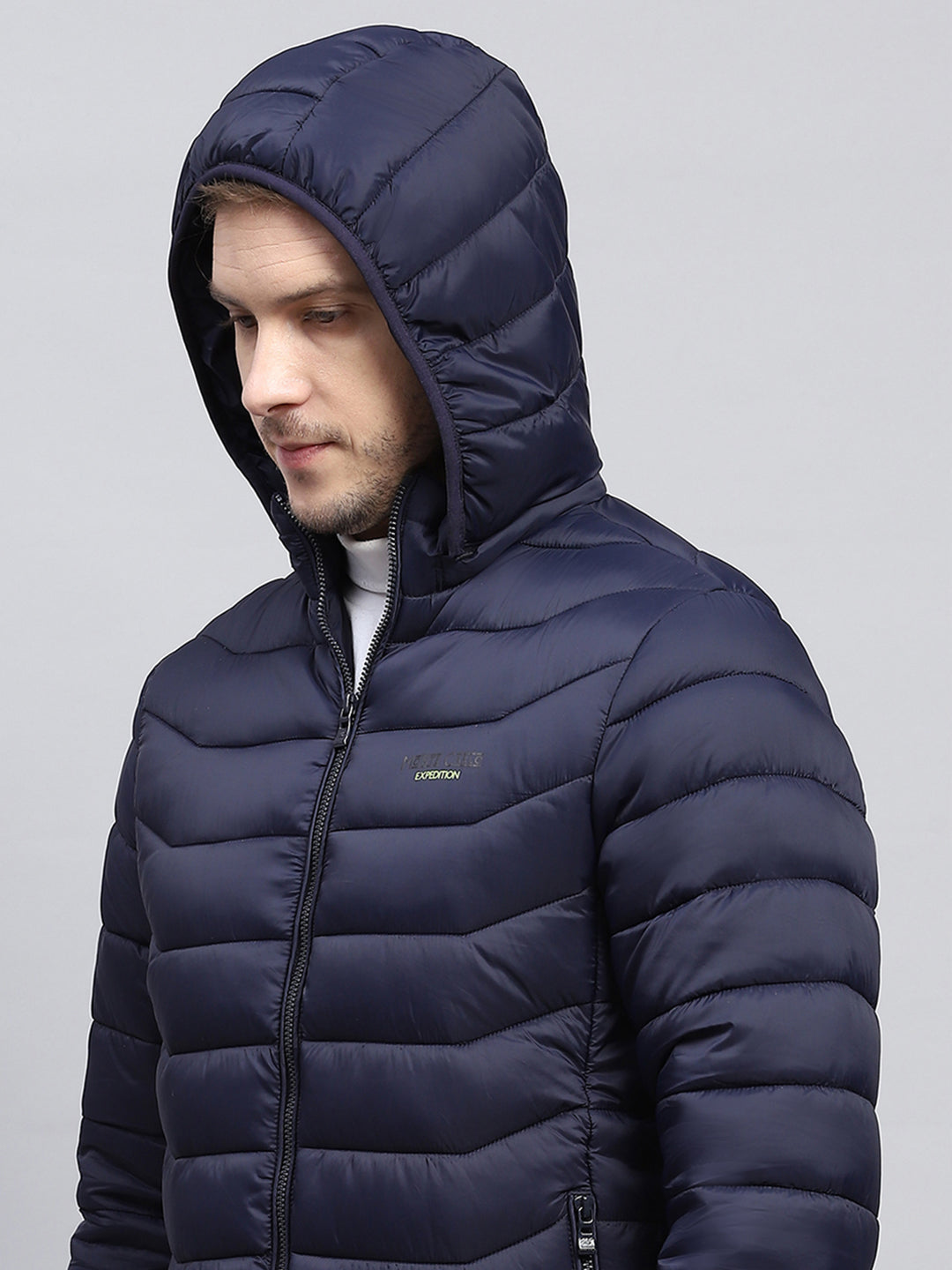 Men Navy Blue Solid Hooded Full Sleeve Jacket