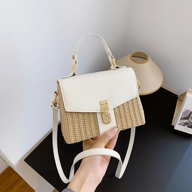 Women's Small Straw Color Block Vacation Beach Weave Square Lock Clasp Crossbody Bag Straw Bag