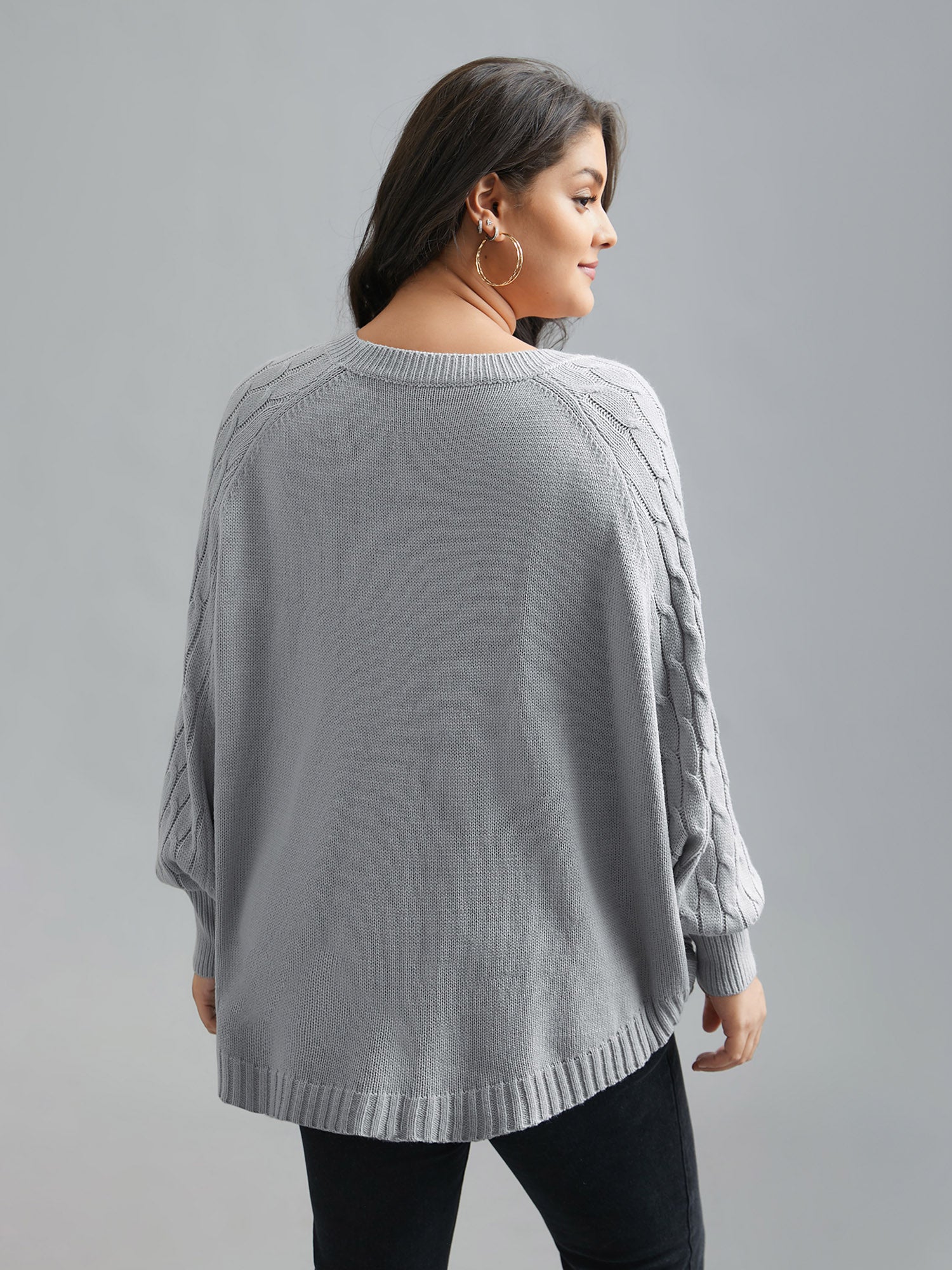 Cable Knit Dolman Sleeve Curved Hem Pullover