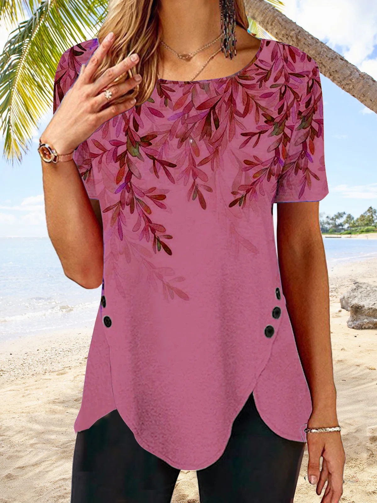 Round Neck Floral Tulip Hem Vacation Tunic Tops