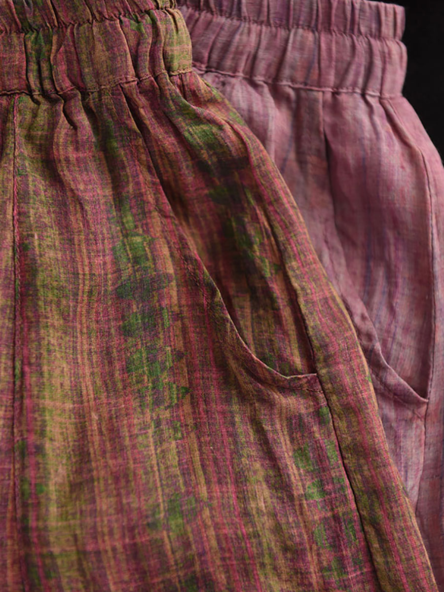 Women Summer Retro Print 100%Ramie Bloomers