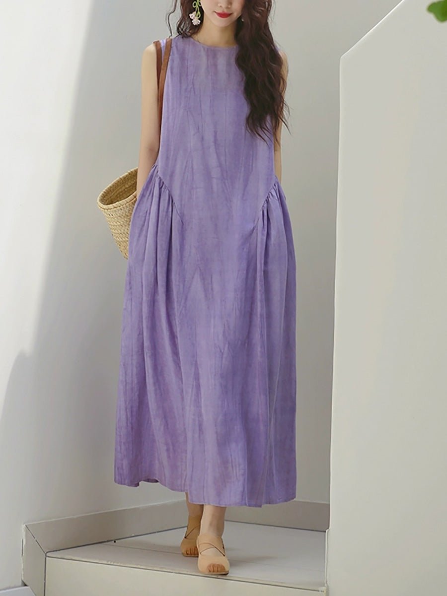 Women Summer Casual Pure Color O-Neck Linen Vest Dress