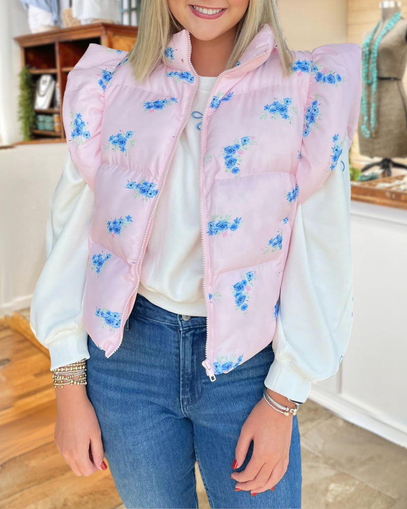 Ruffled Floral Zip-Up Vest