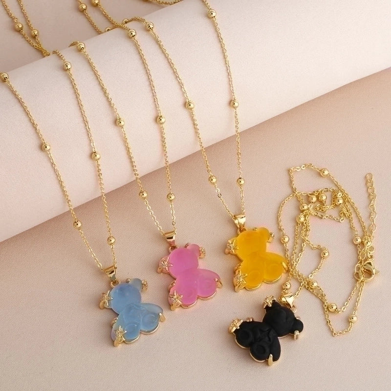 Copper Gold Plated Cute Minimalist Bear Inlay Resin Zircon Pendant Necklace
