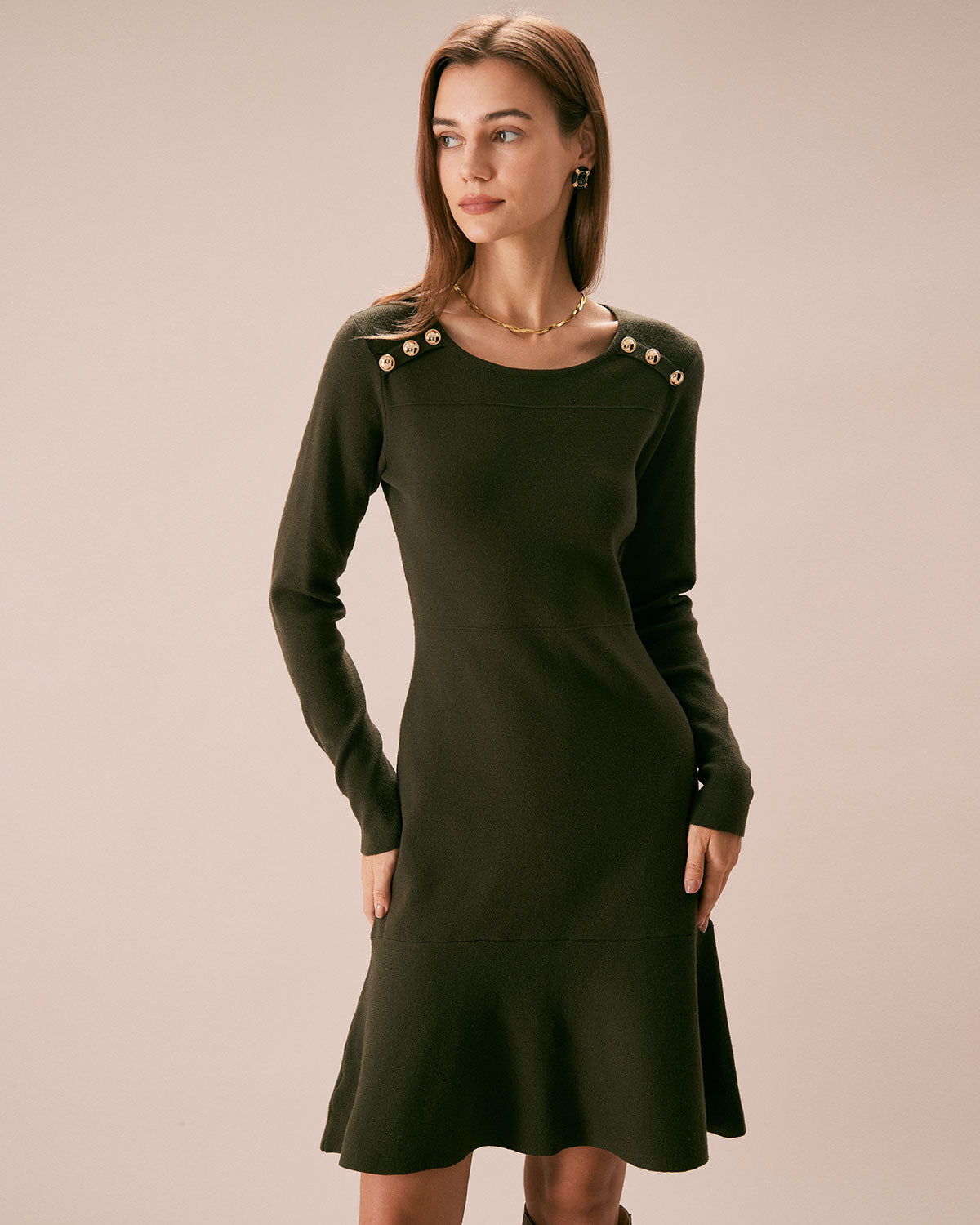 The Army Green Button Sweater Mini Dress