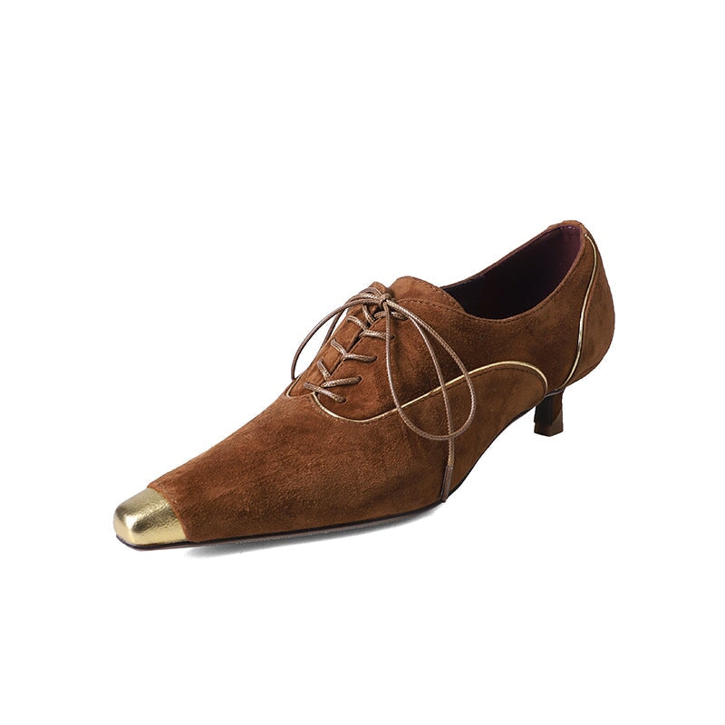 Women's Gold Pointed-Toe Lace-Up Suede Kitten Heel Dress Shoes in Brown/Black