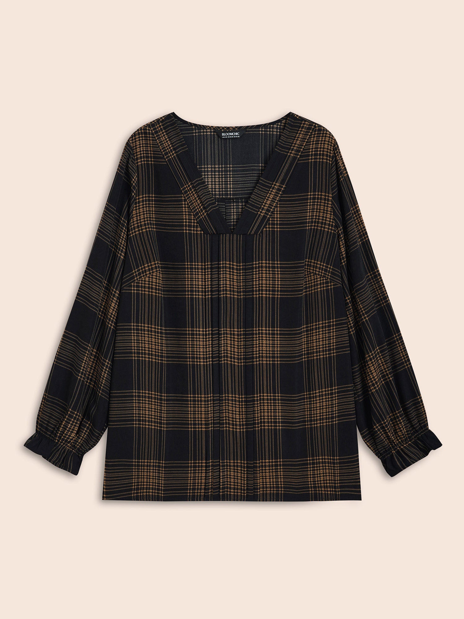 Plaid Pleated Lantern Sleeve Blouse