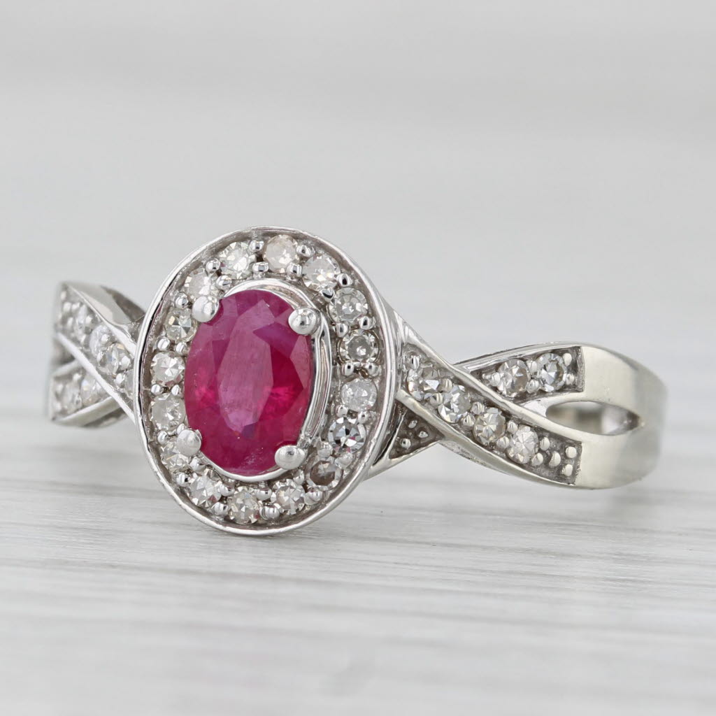 0.75ctw Oval Ruby Diamond Halo Ring 10k White Gold Size 7
