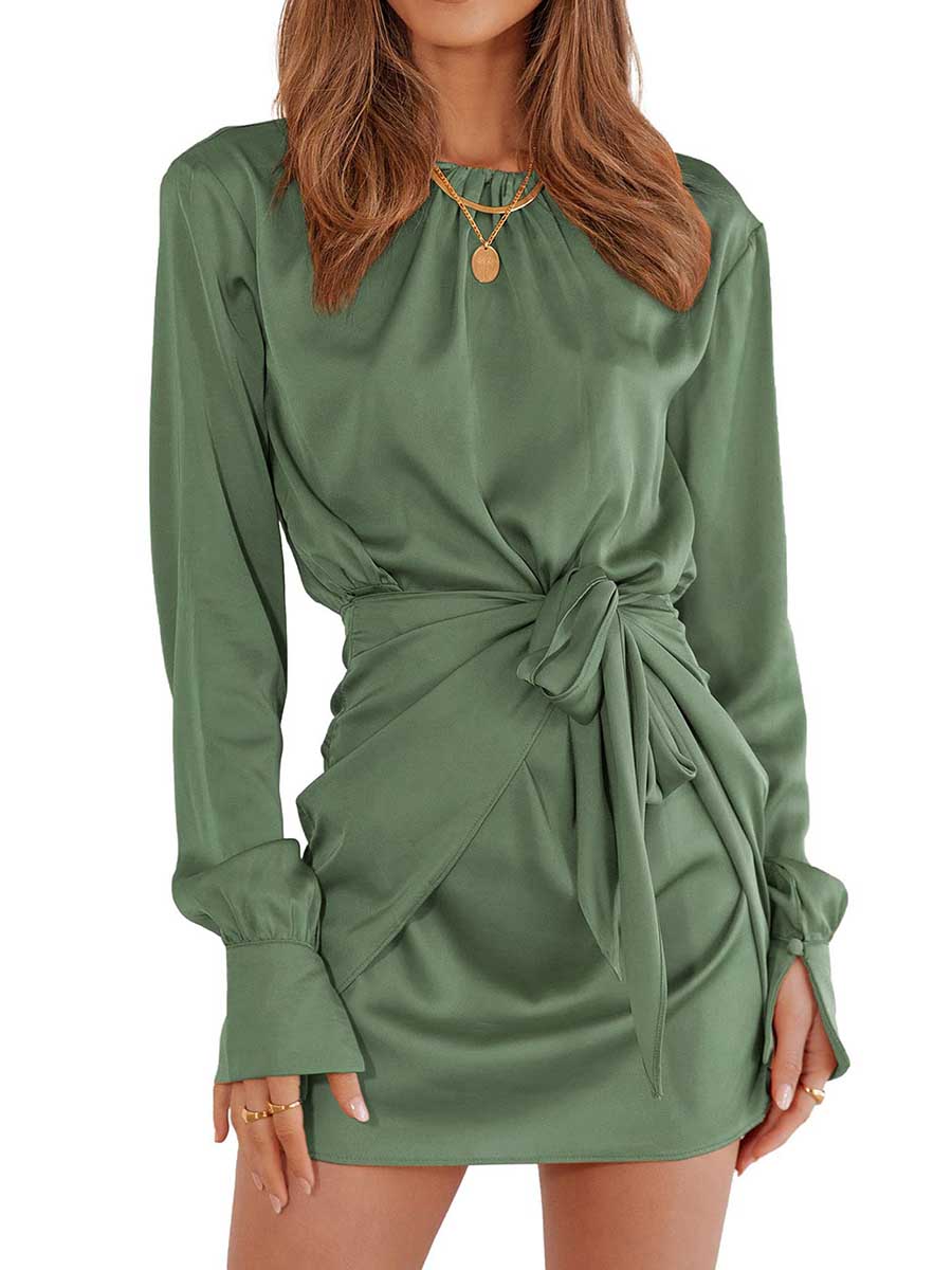 Long Sleeve Round Neck Tie Dress