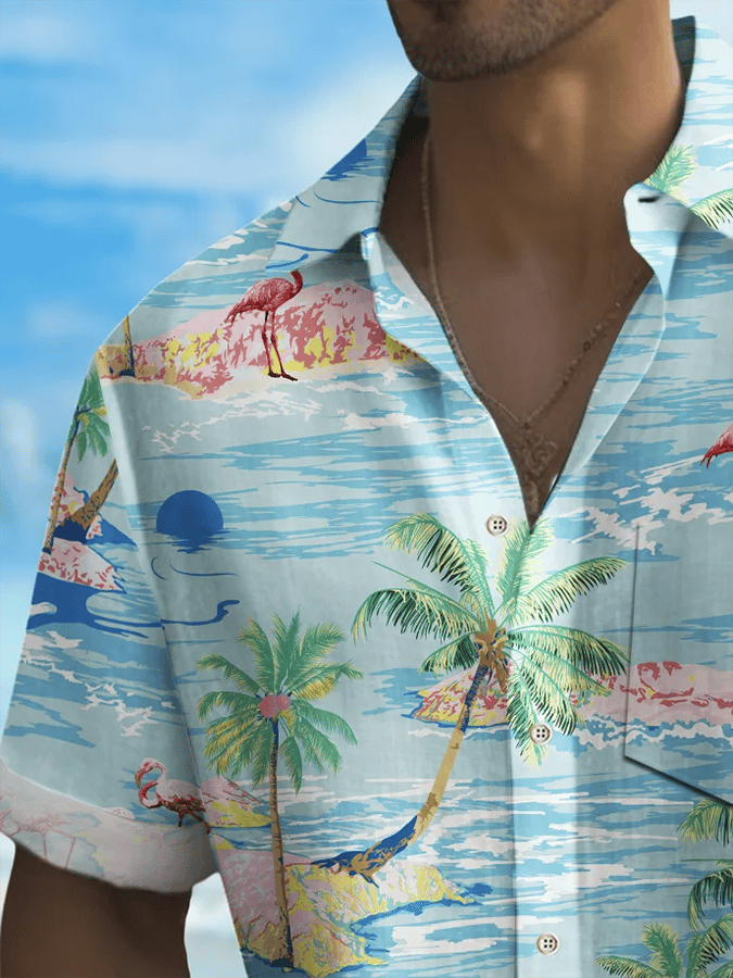 Men's Hawaiian Shirt Coconut Tree Flamingo Print Pocket Shirt